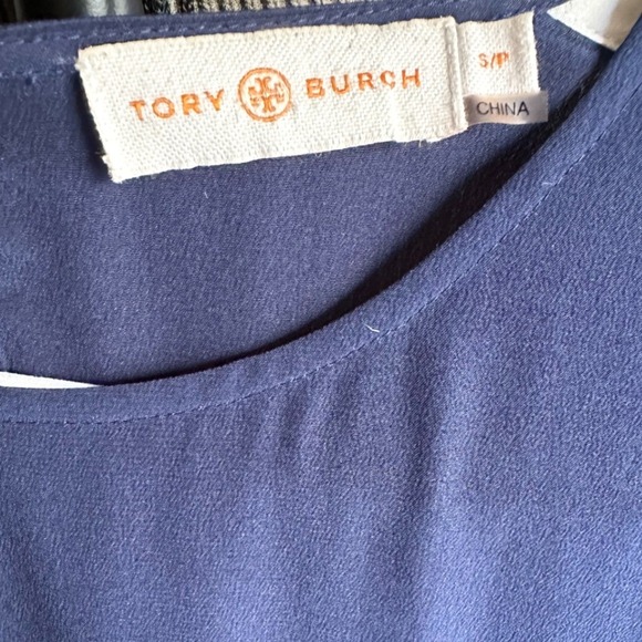 Tory Burch Navy Blue Silk Colorblock Short Sleeve Tunic Top Size Small - Picture 2 of 4